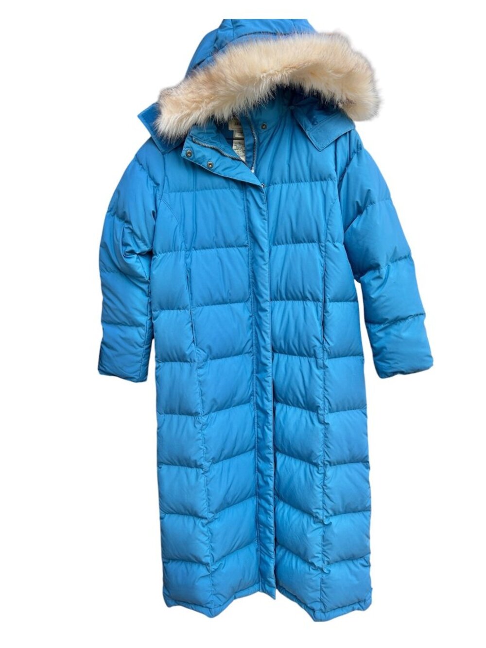 L.L. Bean Womens Petite M Goose Down Puffer Coat With Faux Fur Hood Blue 48" Lon